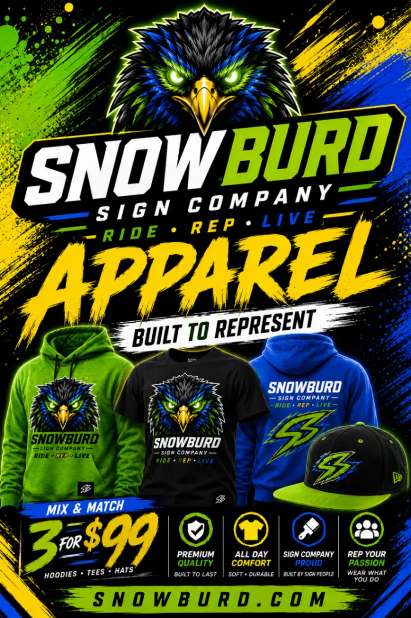 Snowburd apparel ad showing hoodies, tees, and hats