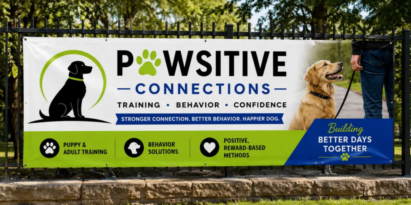 Colorful Powersitive Connections outdoor banner displayed on a fence