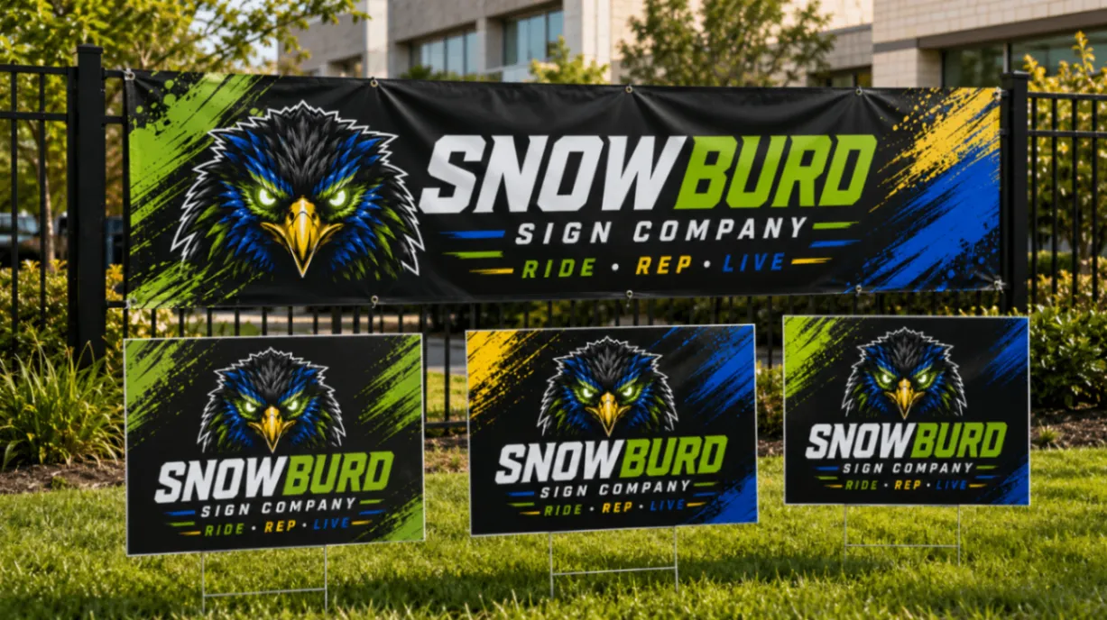 Snowburd Sign Company banners and yard signs displayed outdoors