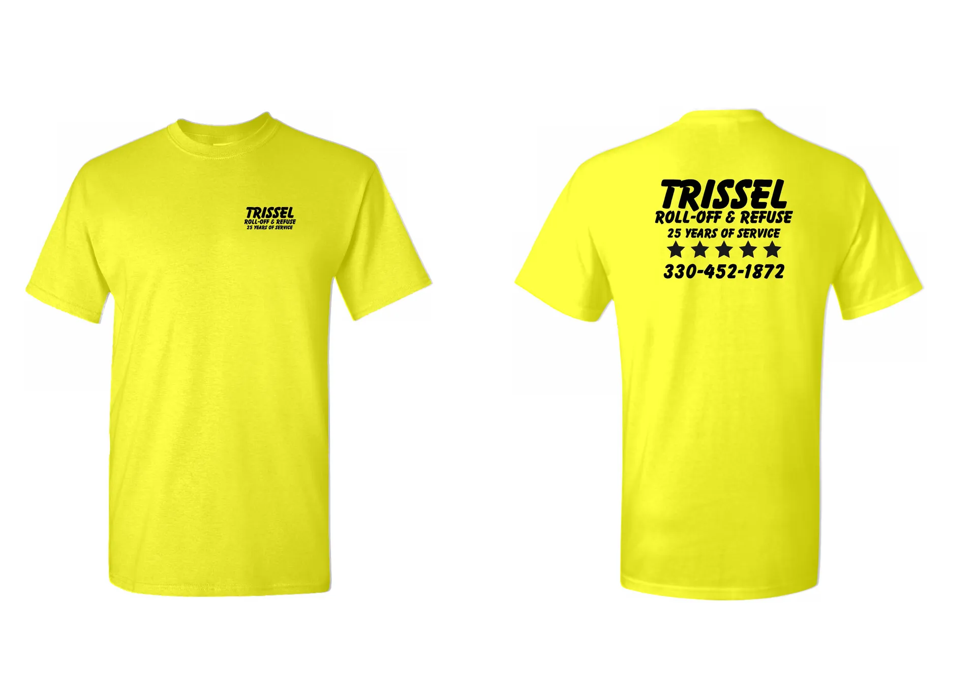 Yellow printed Trissel T-shirts shown from the front and back